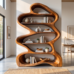 Bookshelf Solid Wood with Sculptural Layered Loop Frame and Open Display Shelves