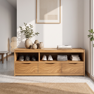 Modern Solid Wood Shoe Cabinet with Open Cubbies and Three Storage Drawers