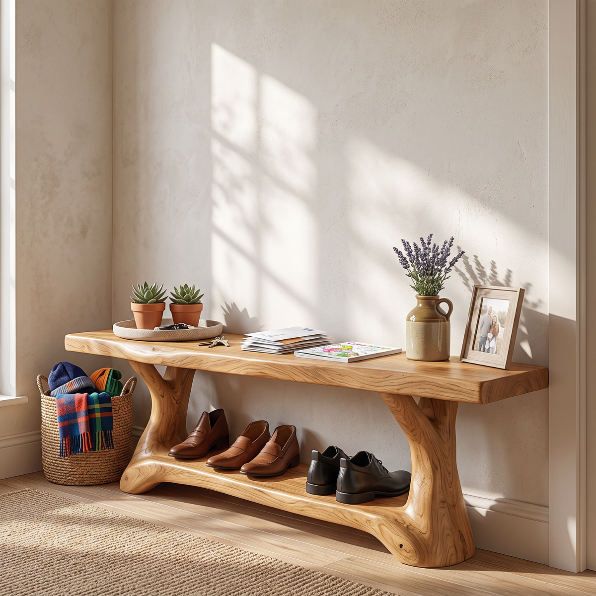 Shoe Rack Solid Wood with Sculptural Branch Legs and Open Shelf