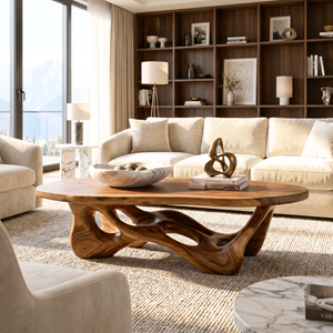 Solid Wood Coffee Table with Organic Openwork Base and Rounded Slab Top