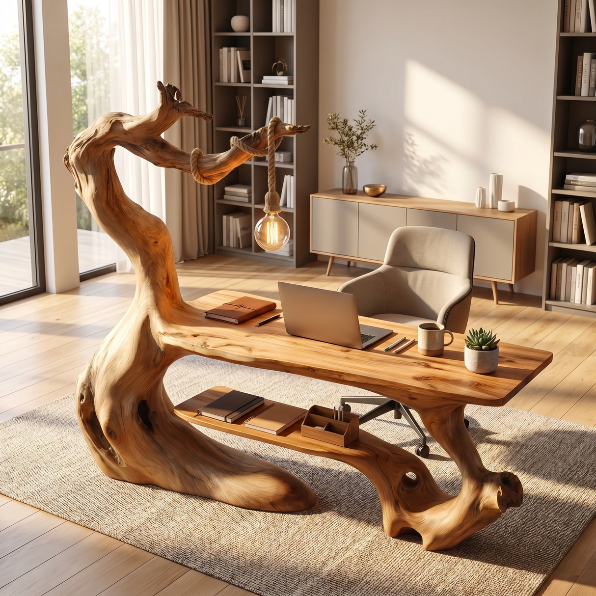 Organic Wood Desk With Hanging Lamp Sculptural Modern Workspace Furniture
