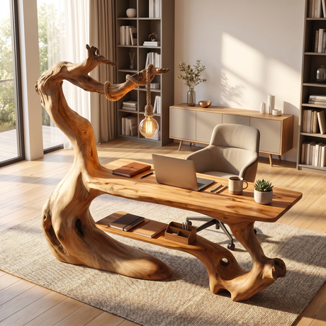 Organic Wood Desk With Hanging Lamp Sculptural Modern Workspace Furniture