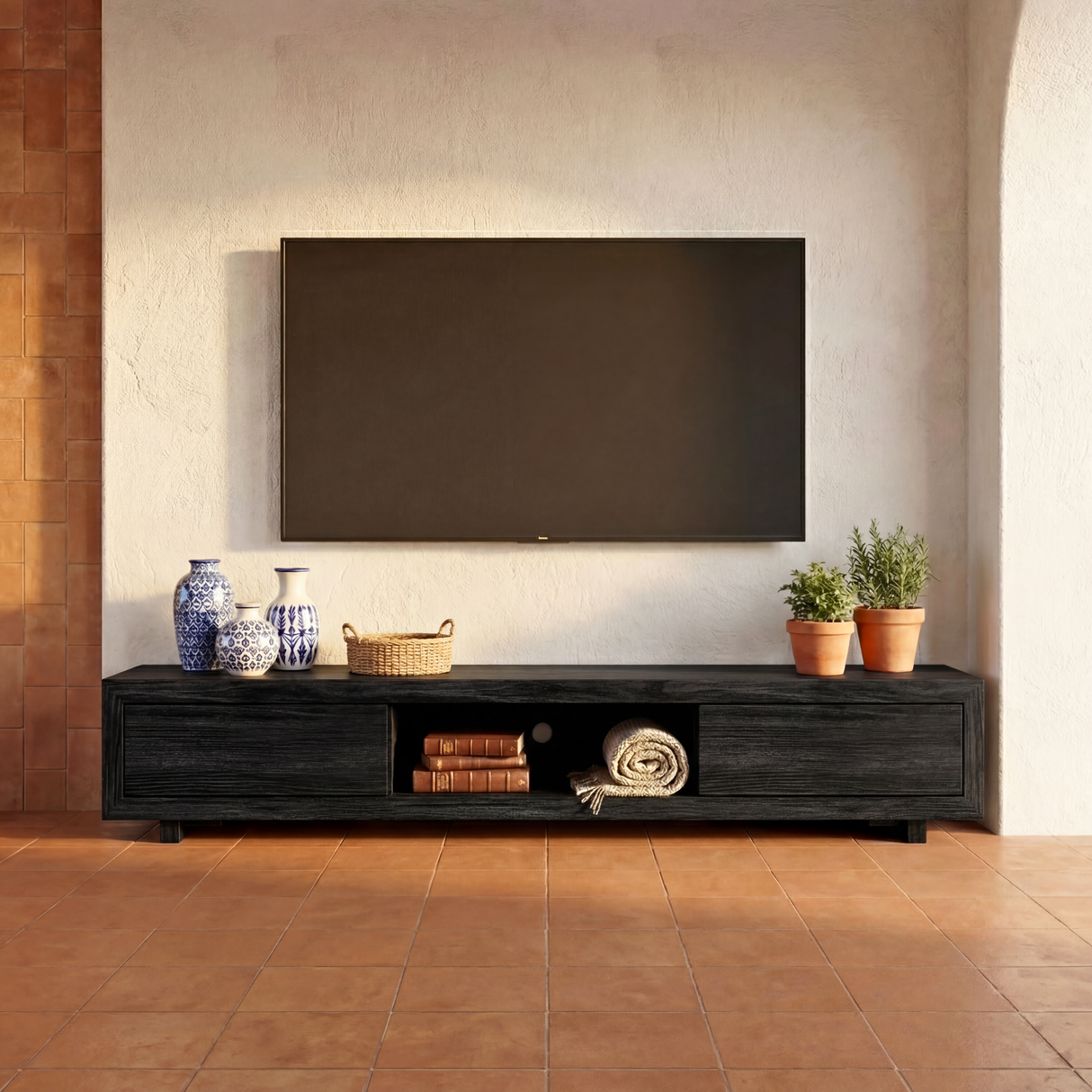 Solid Wood Low Profile TV Cabinet with Open Center Shelf