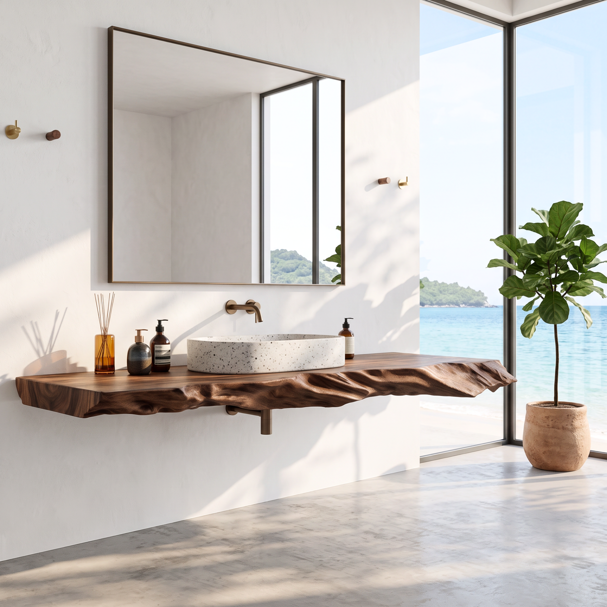 Solid Wood Floating Bathroom Vanity Shelf with Sculptural Live Edge for Modern Decor