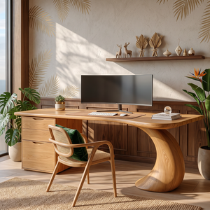 Organic Solid Wood Desk with Sculptural Curved Leg and Two Drawer Cabinet