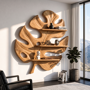 Tropical Leaf Solid Wood Wall Shelf with Sculptural Botanical Design