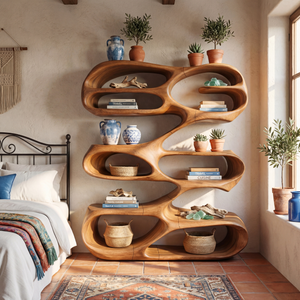 Freeform Wave Wood Bookcase with Open Sculptural Shelves
