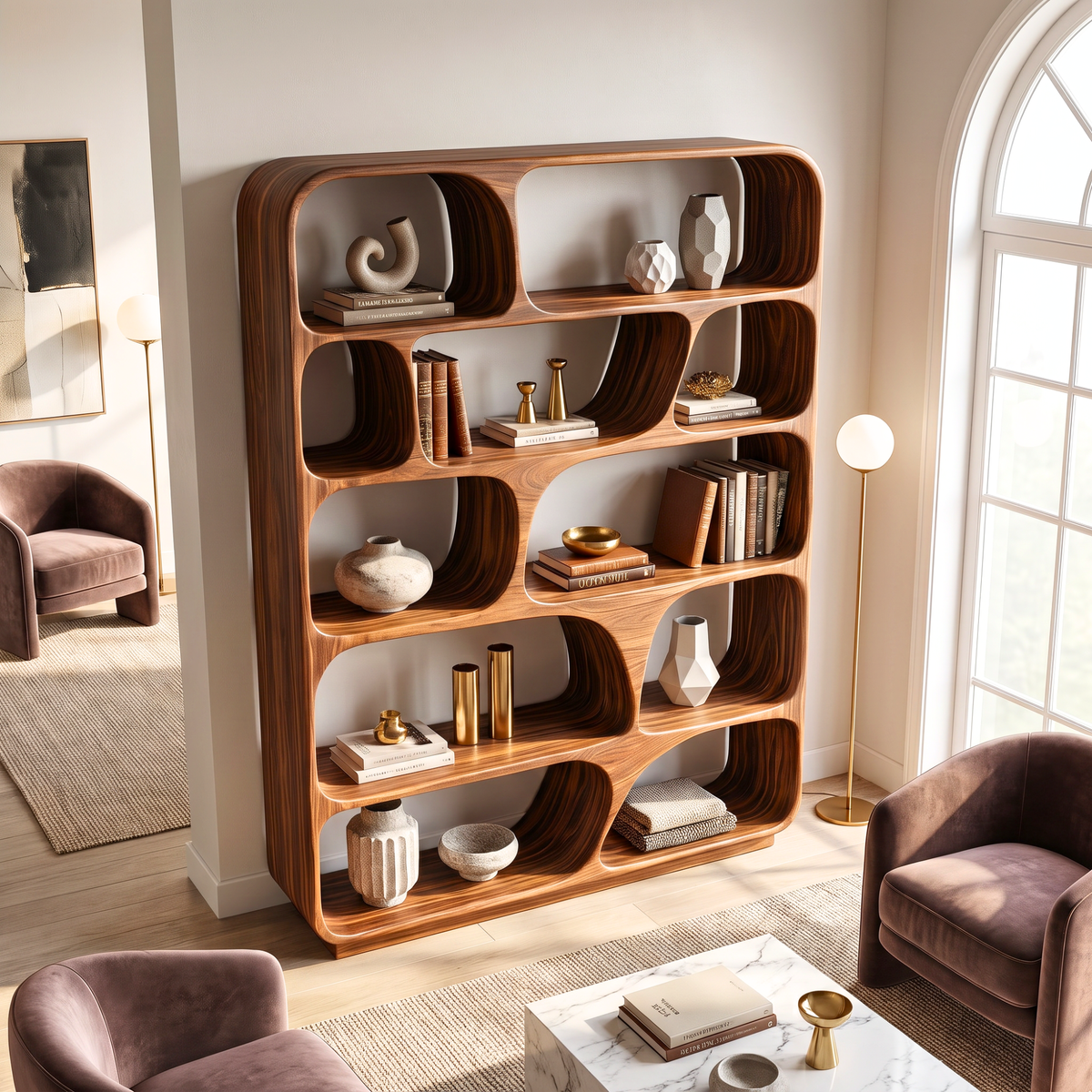 Rounded Solid Wood Bookcase with Organic Grid Shelving and Open Display Compartments