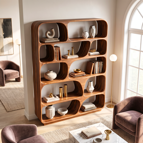 Rounded Solid Wood Bookcase with Organic Grid Shelving and Open Display Compartments