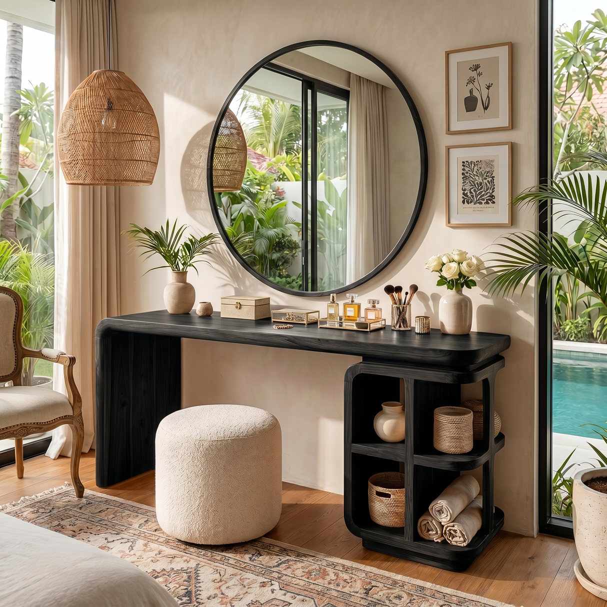 Handmade Solid Wood Vanity Table with Open Cubby Shelves and Waterfall Side