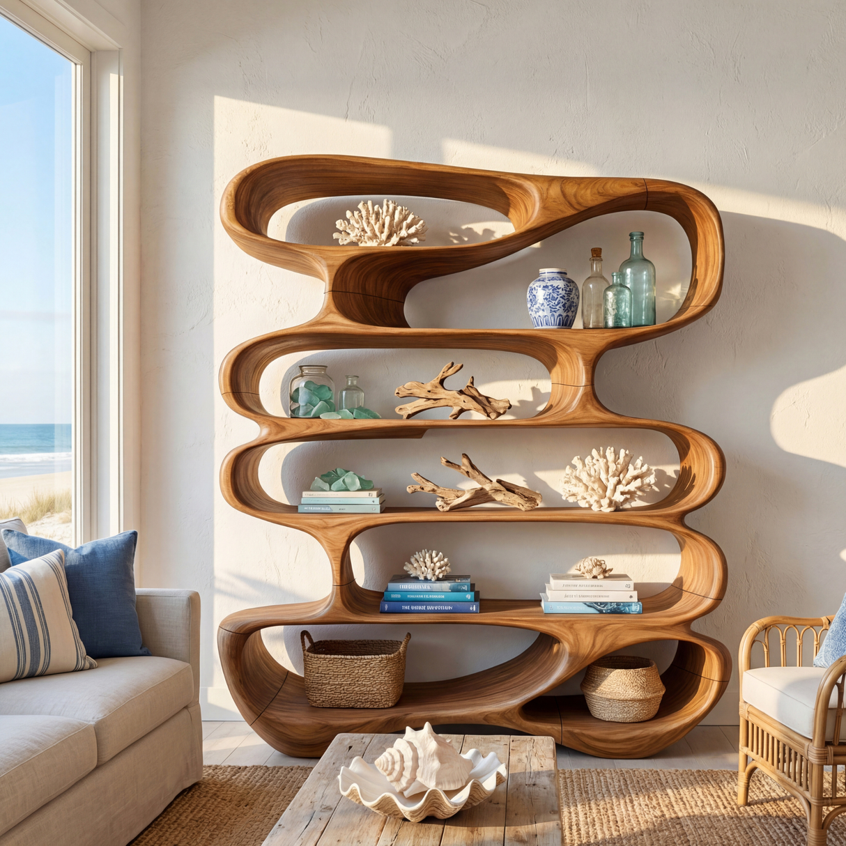 Flowing Open Form Wood Display Shelf with Sculptural Tiered Shelving