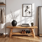 Organic Solid Wood Shoe Bench with Sculptural Legs and Open Shelf