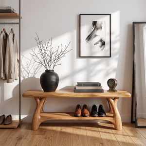 Organic Solid Wood Shoe Bench with Sculptural Legs and Open Shelf