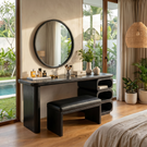 Solid Wood Vanity Table with Rounded Open Shelf Storage and Panel Leg