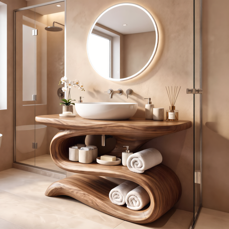 Modern Wood Bathroom Vanity with Sculptural Open Shelves