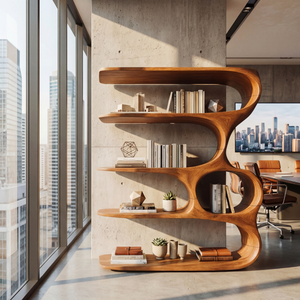 Ribbon Curve Wood Bookcase with Long Floating Display Shelves
