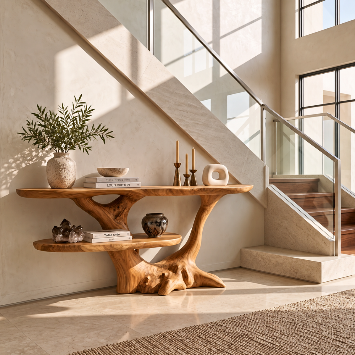Sculptural Solid Wood Console Table with Organic Root Frame and Display Shelf