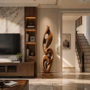Handcrafted Solid Wood Ascending Spiral Floor Sculpture with Open Carved Form
