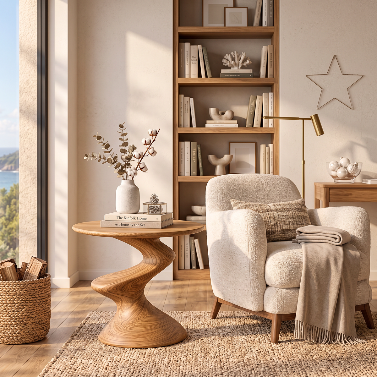 Sculptural Solid Wood Side Table with Twisted S Curve Pedestal Base