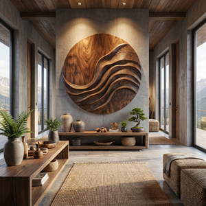 Large Handcrafted Wood Wall Sculpture with Layered Ribbon Relief for Living Room