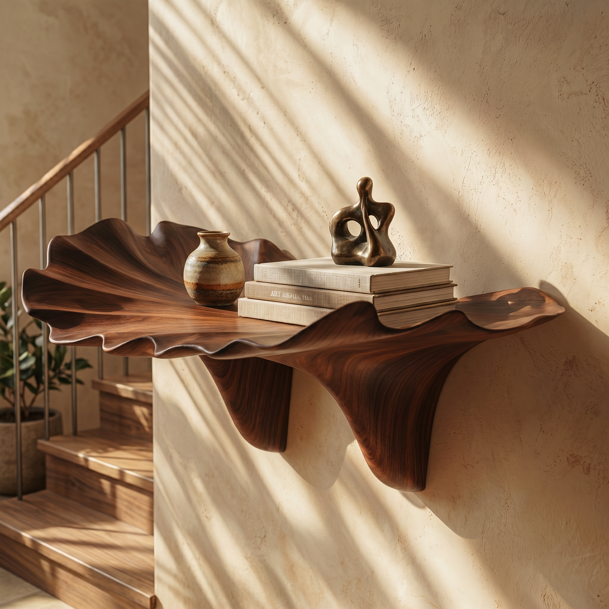 Handcrafted Solid Wood Floating Leaf Wall Shelf with Organic Curved Form