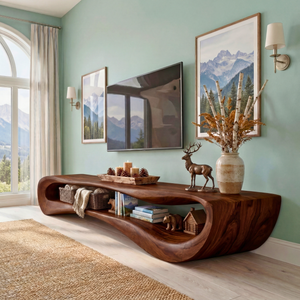 Sculptural Solid Wood TV Cabinet, Organic Modern Media Console for Living Room