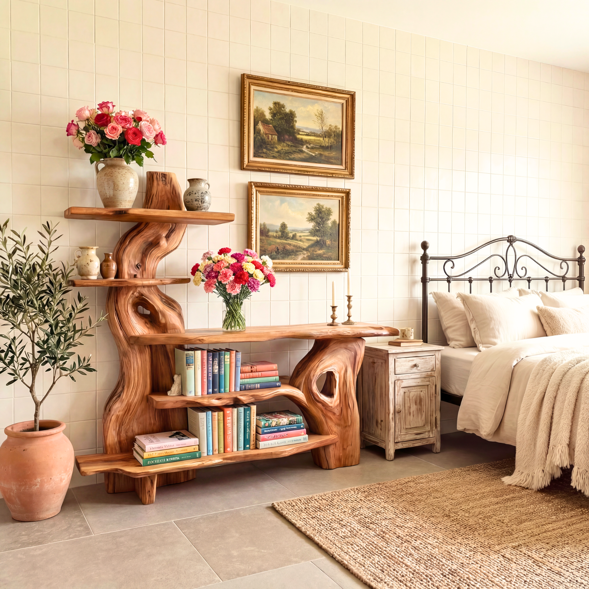 Sculptural Solid Wood Console Table with Organic Form and Tiered Display Shelves Artistic Freeform Console Table
