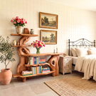 Sculptural Solid Wood Console Table with Organic Form and Tiered Display Shelves Artistic Freeform Console Table
