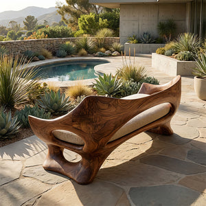 Organic Sculptural Solid Wood Bench with Cushion Handcrafted Modern Artistic Seating