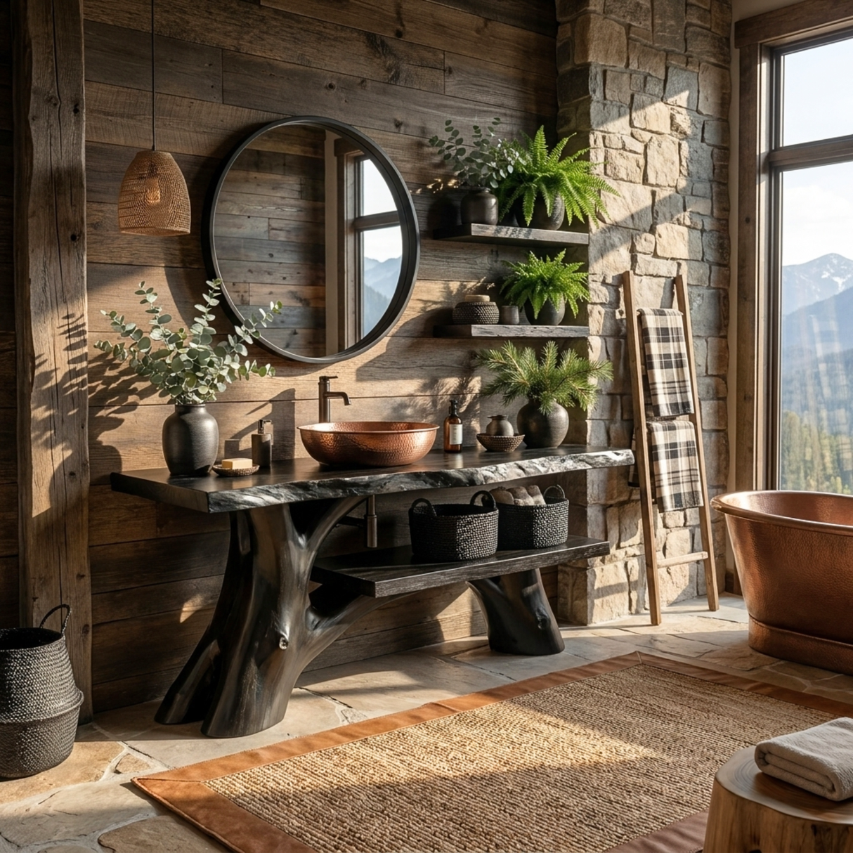Bathroom Vanity Solid Wood with Organic Branch Legs and Open Shelf