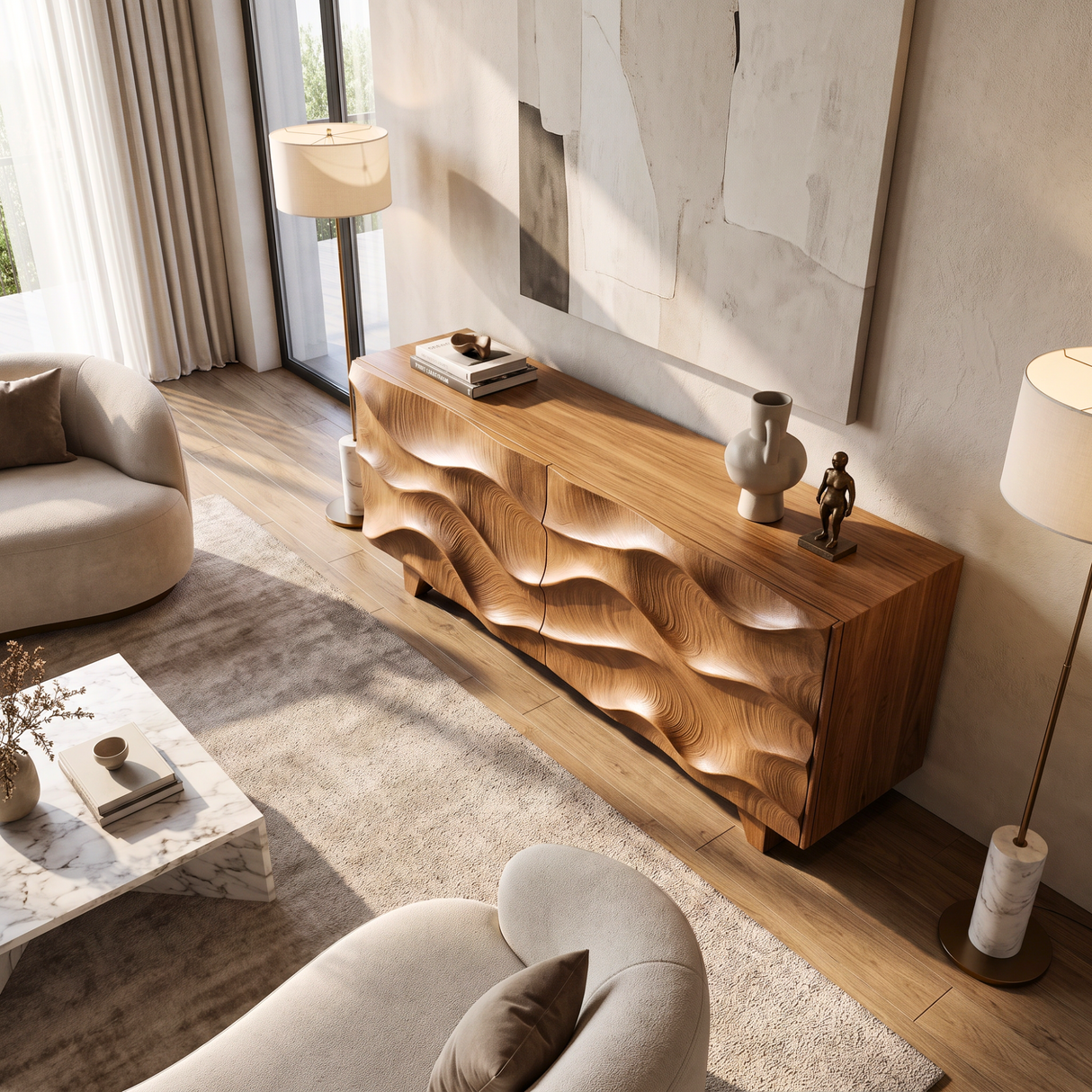 Sideboard Solid Wood with Sculptural Flowing Wave Relief Doors for Entryway Decor