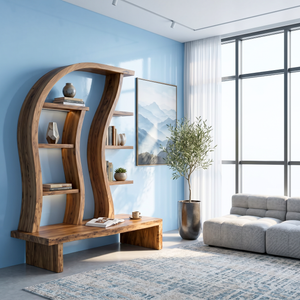 Organic Solid Wood Display Shelf with Curved Frame and Console Base