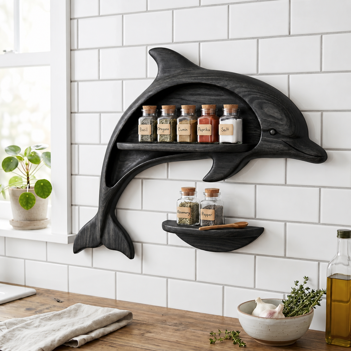 Carved Solid Wood Dolphin Wall Spice Shelf with Coastal Kitchen Storage