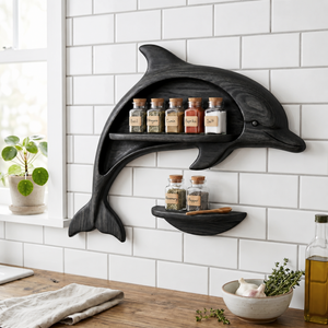 Carved Solid Wood Dolphin Wall Spice Shelf with Coastal Kitchen Storage