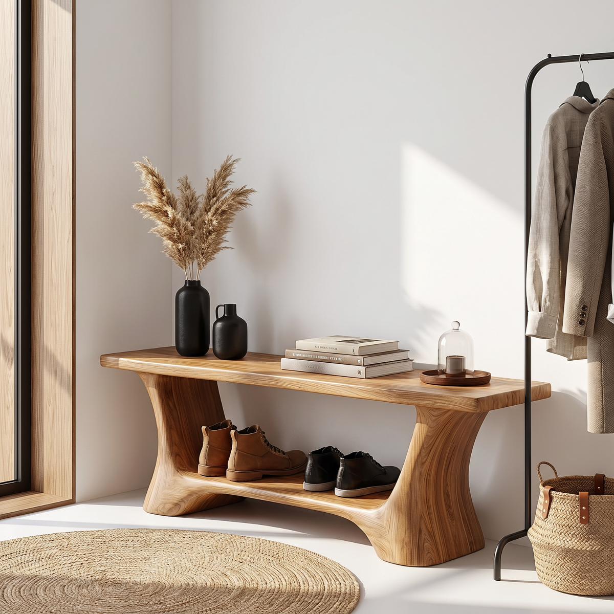 Handcrafted Solid Wood Shoe Bench with Open Storage Shelf