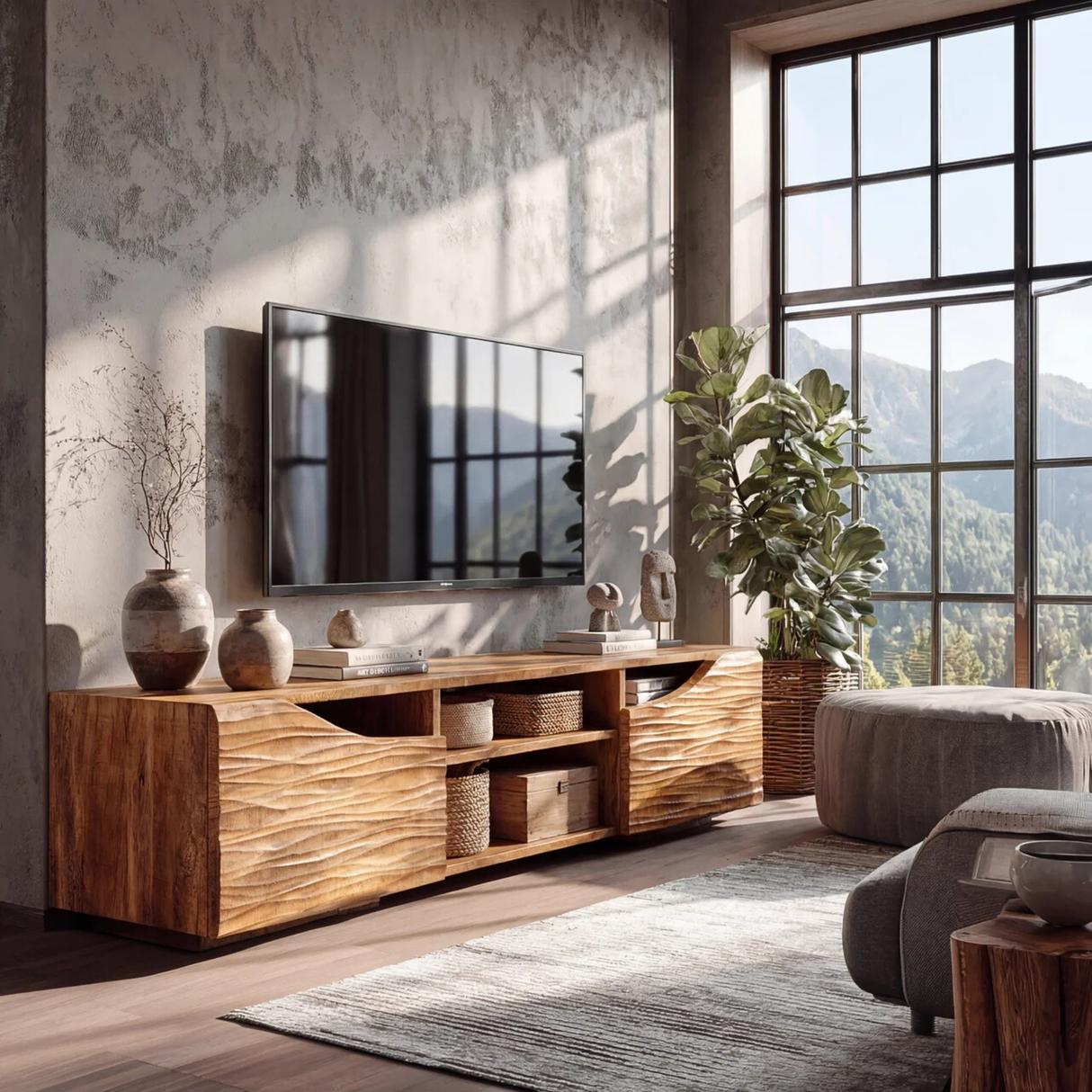 Sculptural Wood TV Cabinet with Carved Wave Doors for Modern Interiors