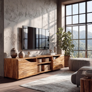Sculptural Wood TV Cabinet with Carved Wave Doors for Modern Interiors
