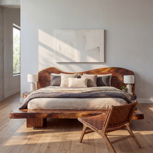 Handcrafted Solid Wood Platform Bed with Sculptural Headboard for Bedroom