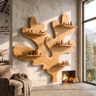 Sculptural Solid Wood Wall Shelf with Organic Branch and Leaf Design