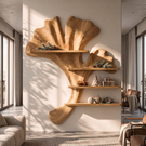Ginkgo Leaf Solid Wood Wall Shelf with Sculptural Branch Display Design