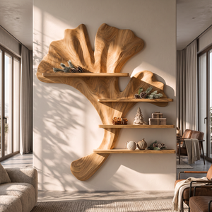 Ginkgo Leaf Solid Wood Wall Shelf with Sculptural Branch Display Design