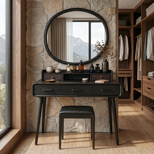 Solid Wood Makeup Vanity Table with Tiered Organizer Hutch and Three Storage Drawers