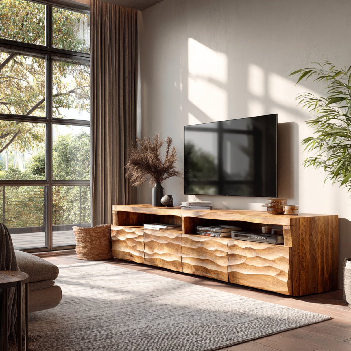Sculptural Solid Wood TV Cabinet with Hand-Carved Wave Front