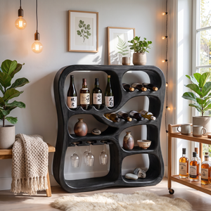Solid Wood Wine Cabinet with Organic Display Niches and Stemware Rack