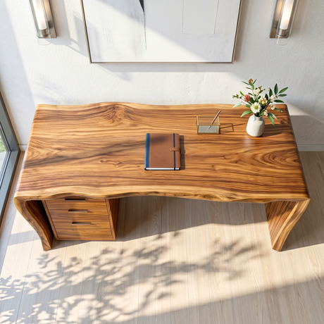 Organic Solid Wood Desk with Curved Edge and Drawer Storage