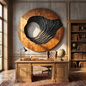 Oval Solid Wood Wall Art with Open Void and Black Carved Terrain Relief