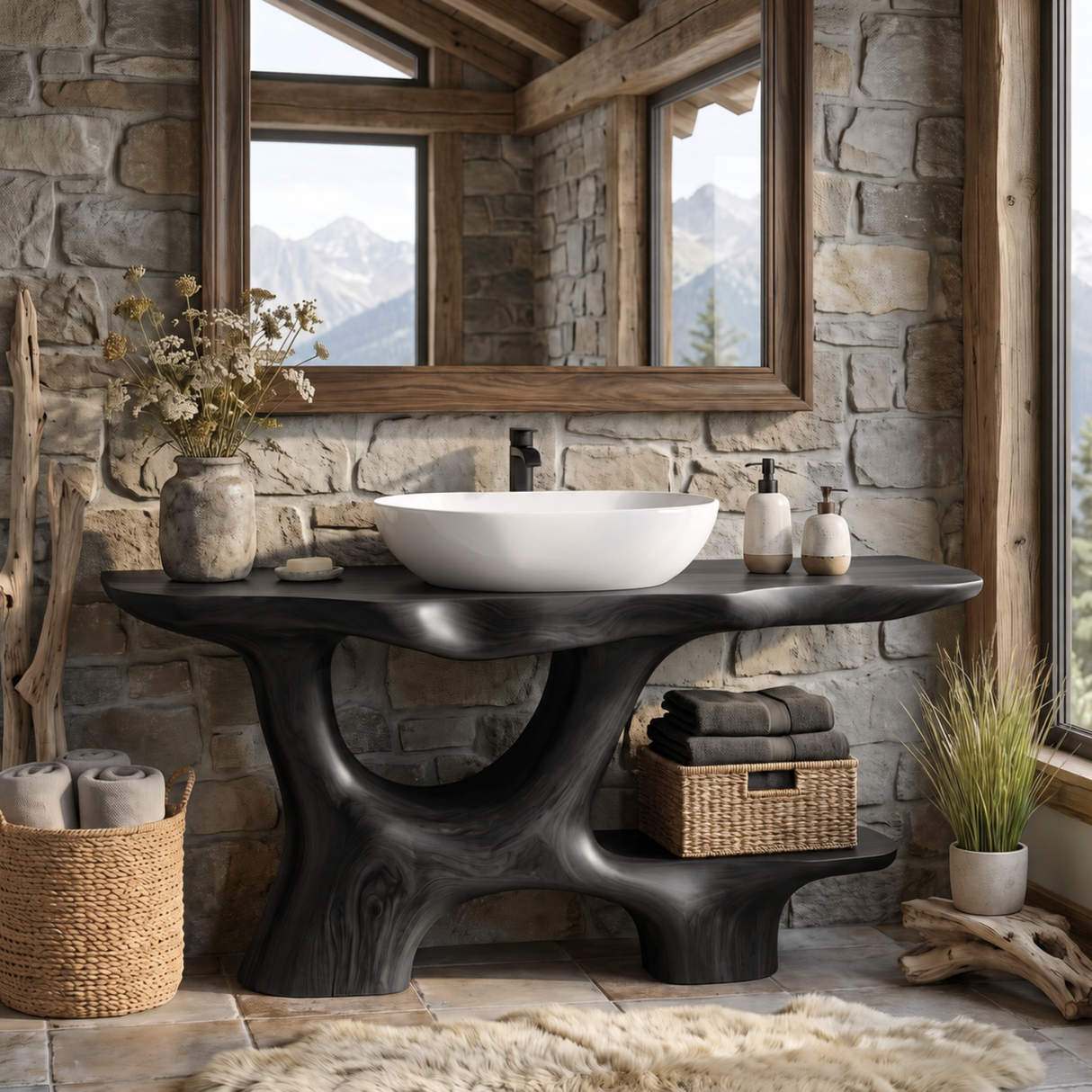 Bathroom Vanity Solid Wood with Open Arch Base and Side Shelf for Cabin Bathroom