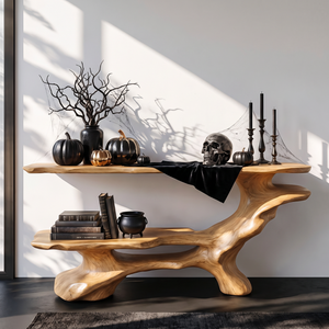 Artistic Solid Wood Console Table with Tiered Shelves and Flowing Branch Base