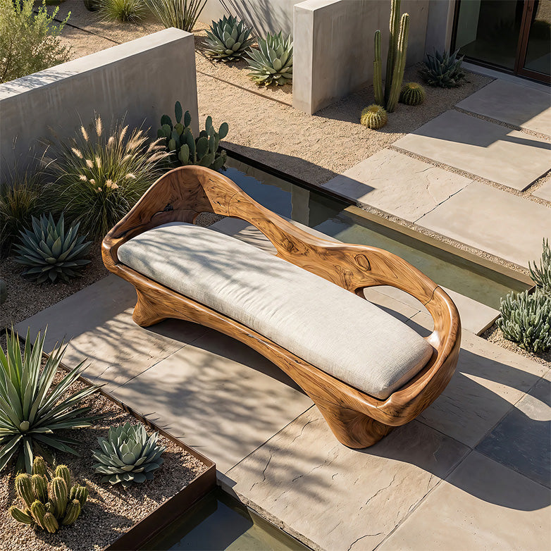 Handcrafted Organic Solid Wood Bench with Cushion Sculptural Modern Seating