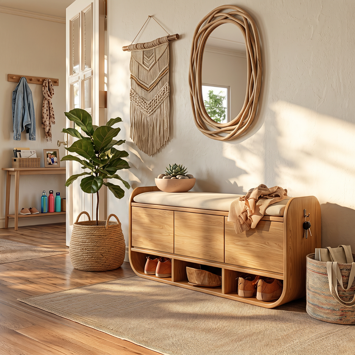 Organic Solid Wood Shoe Cabinet with Entryway Bench and Open Storage